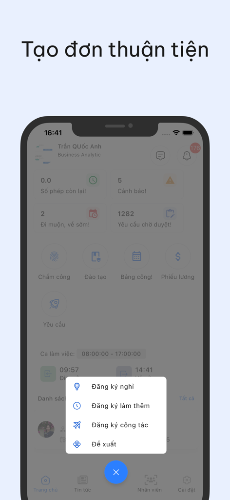 Humax - Interface de l'application mobile RH Humax affichant un menu de création de demande pour les congés et les heures supplémentaires