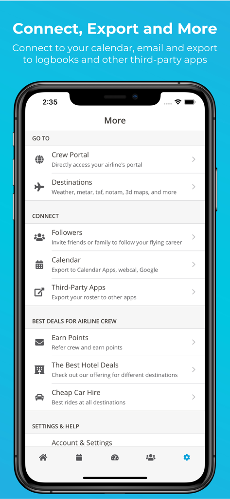RosterBuster Crew App - A menu screen in the RosterBuster app displaying options for calendar export and crew portal access