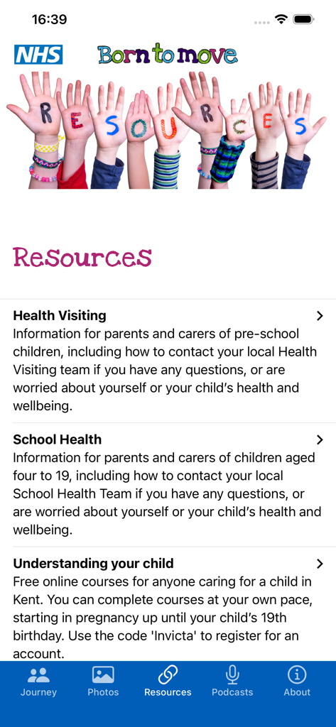 Page de ressources de l'application Born to move avec des informations sur la santé parentale