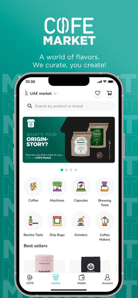 Una interfaz de aplicación móvil para COFE Market que muestra categorías de compras de café como máquinas, cápsulas y herramientas de preparación.