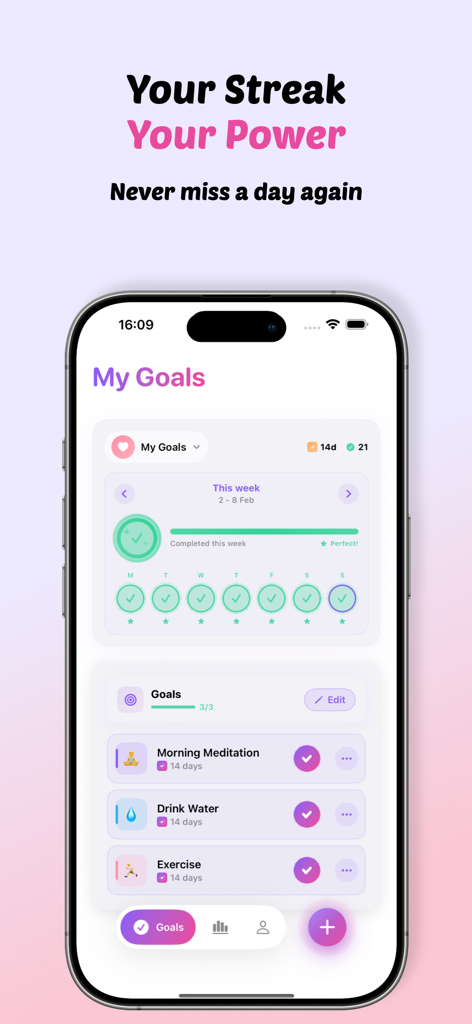 Glow: Habit & Goal Tracker - Glow app interface showing daily habit streaks and goal progress on an iPhone screen