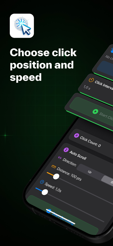 Auto Clicker: Tapper - Interfaz de la aplicación que muestra la configuración de posición y velocidad de clic para Auto Clicker Tapper