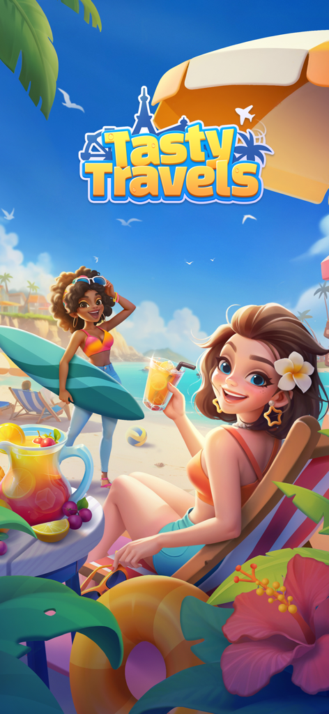 Tasty Travels Merge Game featuring characters on a sunny tropical beach with summer drinks