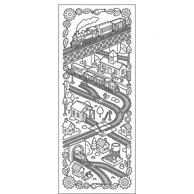 Discover a wonderfully intricate model train scene, perfectly designed as a printable bookmark. Color your way through tracks, tunnels, and tiny towns, creating a unique marker for your favorite books.