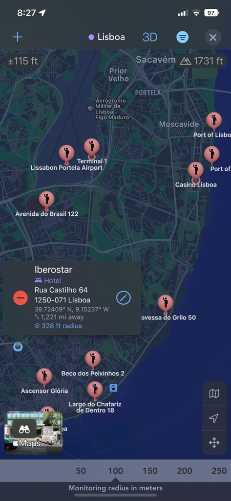 Kartenansicht in der Geofency-App, die verschiedene verfolgte Standorte und Einstellungen für den Überwachungsradius in Lissabon zeigt.