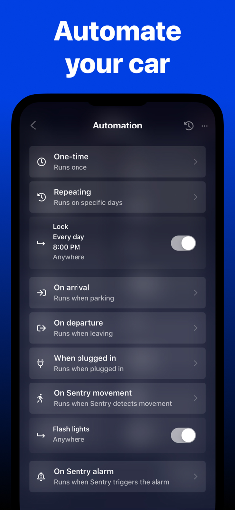 The Tessie app automation screen showing scheduling and trigger options for Tesla vehicles.