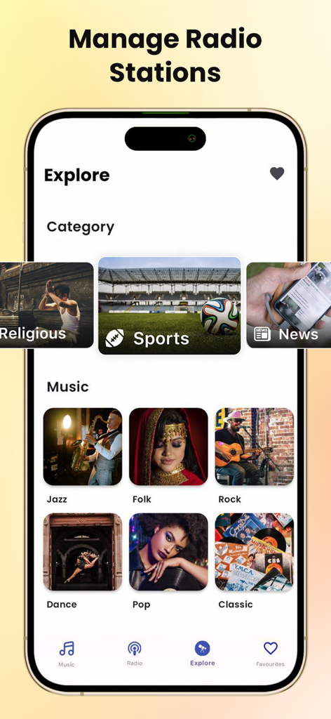스포츠 뉴스 및 재즈와 같은 다양한 라디오 및 음악 카테고리를 표시하는 음악 플레이어 앱의 탐색 화면.