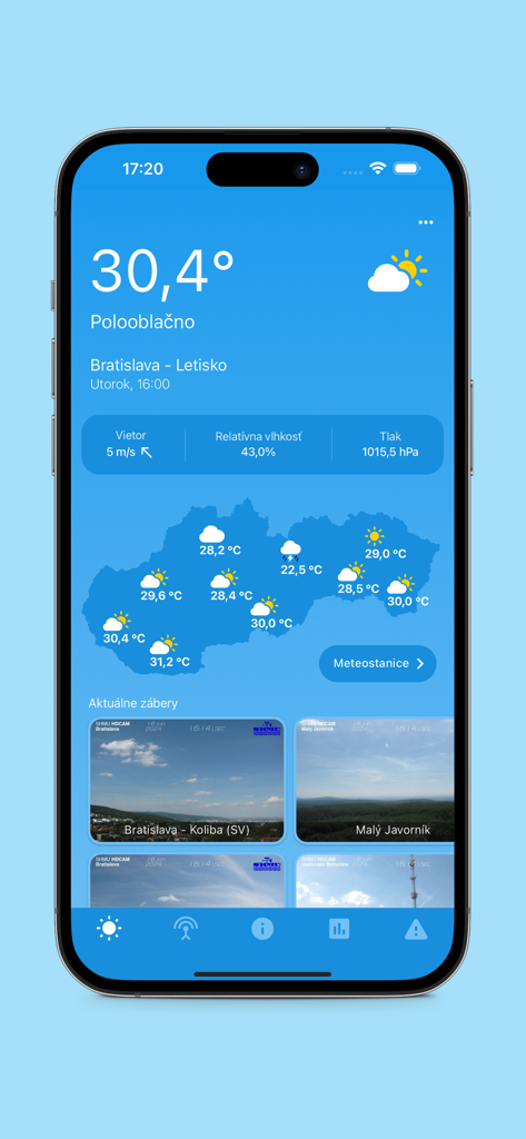 Aladin weather app interface showing current temperature in Bratislava and a map of Slovakia with regional weather data