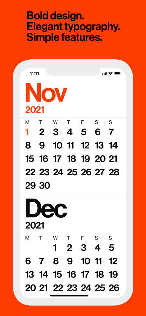 Minimal Calendar App-Oberfläche mit kräftiger Typografie und einem sauberen Monatslayout auf orangefarbenem Hintergrund.