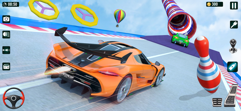 GT Car Stunt Driving Game - Orange supercar racing on a high sky stunt track with giant bowling pins and tunnels