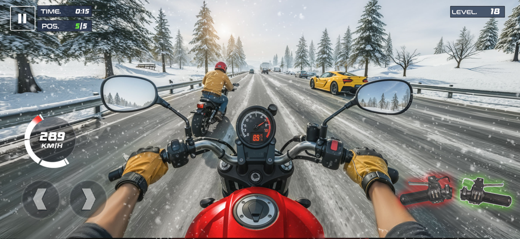 Rider 3D Racing Bike Games - First person view of a high speed motorcycle race on a snowy highway in Rider 3D