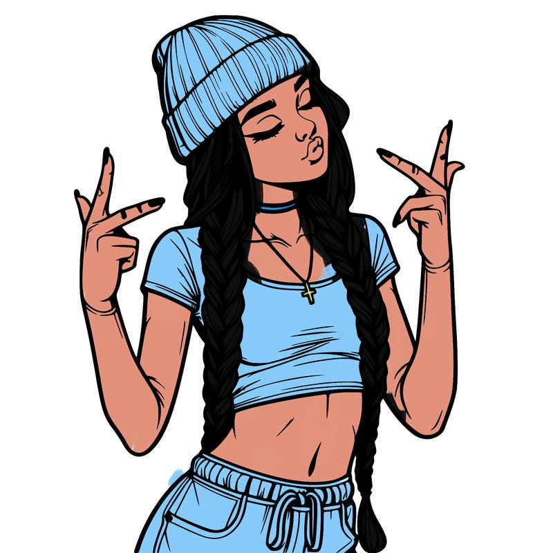 realistic teenage girl with braids and a beanie and crop top doing 🫶🏼