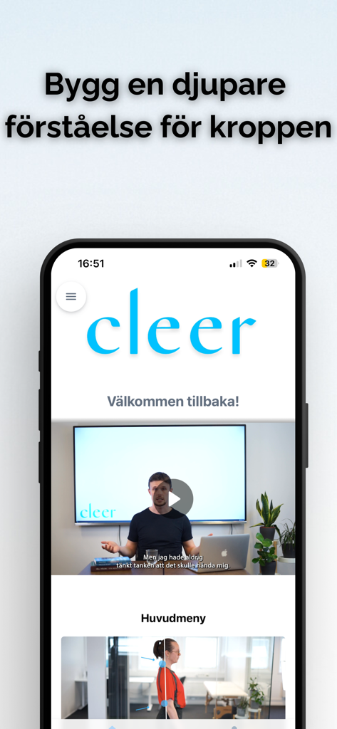 Cleer App - Interface of the Cleer app showing a postural training video lesson and body alignment analysis tool