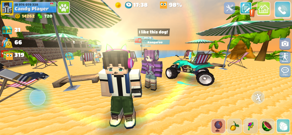 Dos personajes pixelados de pie en una playa soleada junto a un ATV con sombrillas y palmeras en School Party Craft.