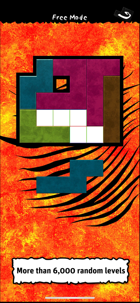 Ubongo – Puzzle Challenge - Ubongo Puzzle Challenge gameplay screen showing a geometric shape puzzle in Free Mode with colorful interlocking blocks.