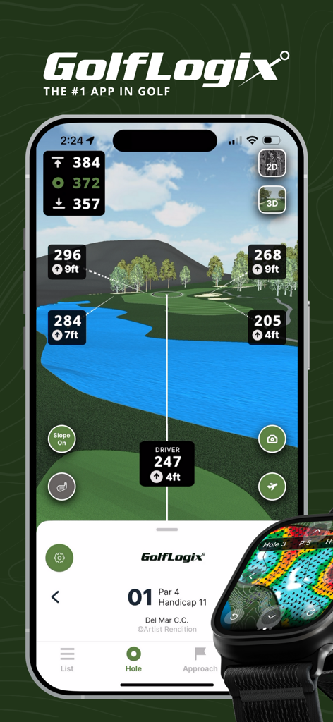 GolfLogix: 3D Golf Course GPS - GolfLogix app showing 3D course visualization on iPhone and a green heat map on an Apple Watch