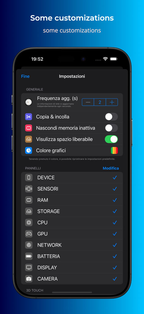 Device Monitor² - Settings interface of Device Monitor app showing customization options for data refresh frequency and visible hardware monitoring panels