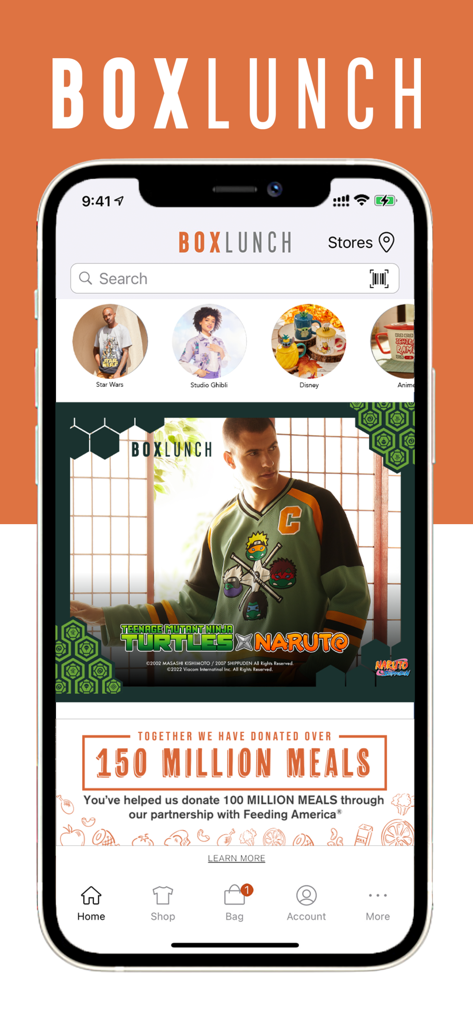 La schermata principale dell'app BoxLunch che mostra categorie di cultura pop e uno striscione di donazione di Feeding America.