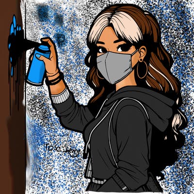 realistic girl with mask spray painting a wall