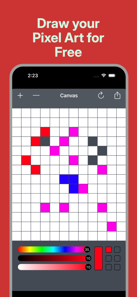 Pixel Draw-Draw your own Art - Pixel Draw App-Benutzeroberfläche mit einem Zeichnungsraster und Farbpaletten-Werkzeugen