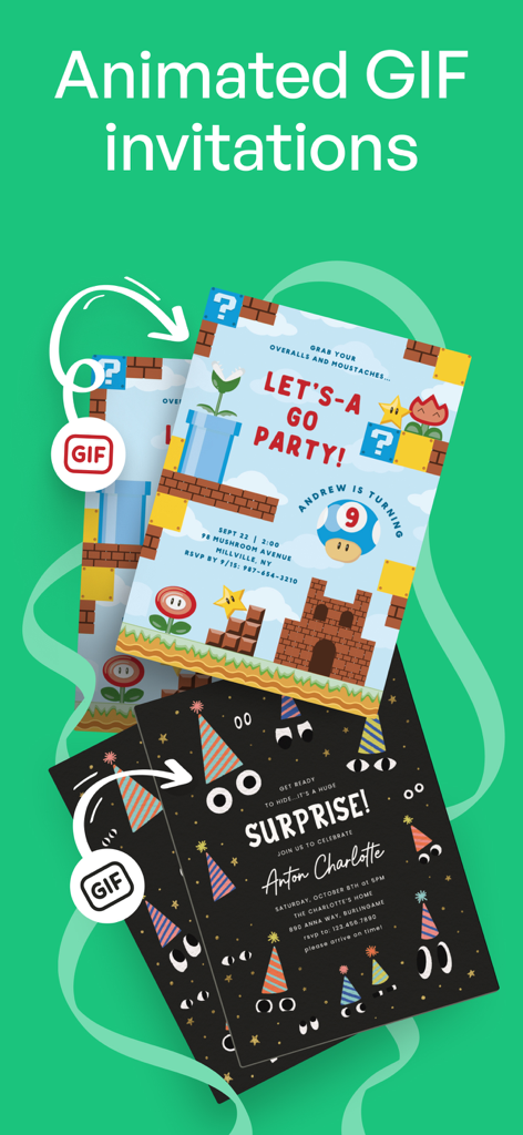 Invitation Maker: Cards & RSVP - Examples of animated GIF invitation templates for a video game birthday party and a surprise celebration.