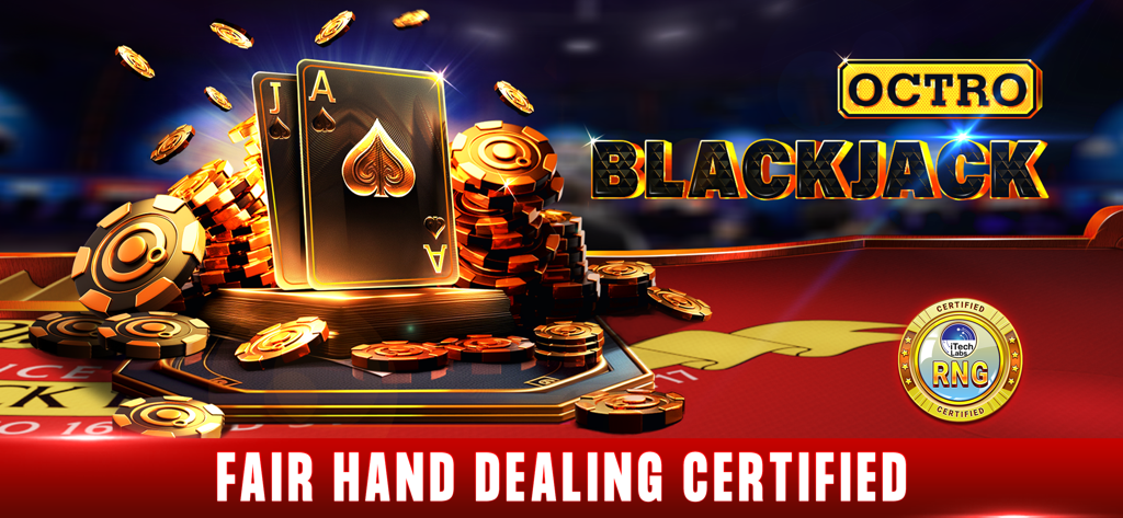 Blackjack 21: Octro Black jack - Banner promocional de Octro Blackjack 21 mostrando cartas y fichas doradas con un sello de certificación de reparto justo