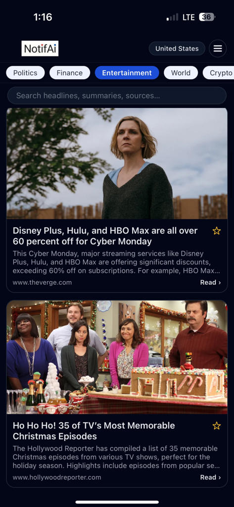 Screenshot of the NotifAi News app entertainment category showing AI summarized news articles on a dark themed user interface