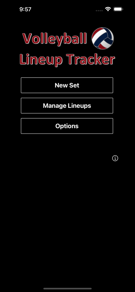 Main menu of the Volleyball Lineup Tracker app showing options for New Set Manage Lineups and Options