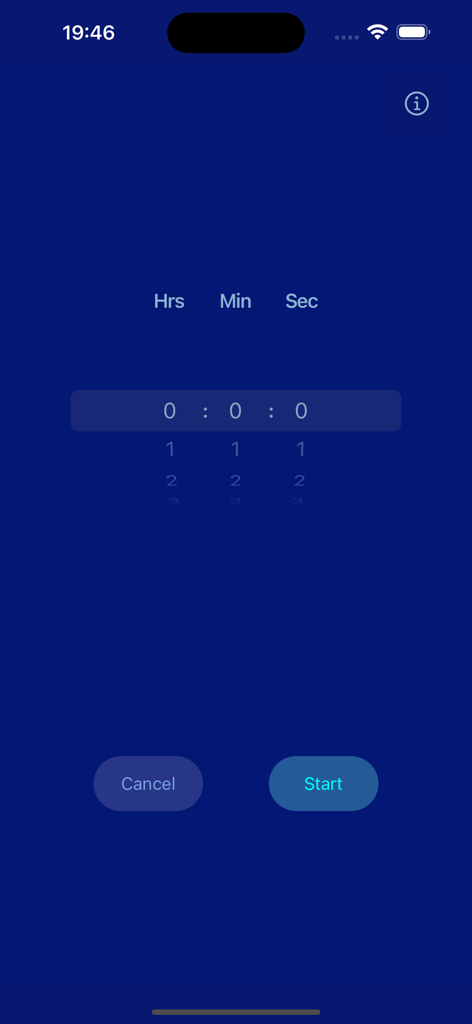 VibeTimer - Vibration Timer - Interfaz de la aplicación VibeTimer que muestra una pantalla azul oscuro con un selector de tiempo para horas, minutos y segundos y un botón de inicio.
