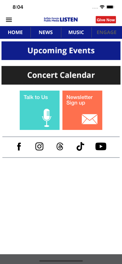 The engage page of the BTPM Listen app showing upcoming events and contact options.