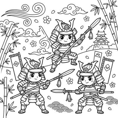 Embark on an epic journey to feudal Japan with this adorable Yari Spearsmen coloring page, specially designed for young artists. Kids aged 4-8 will love bringing these brave chibi samurai, complete with their formidable spears and traditional armor, to life with vibrant colors.