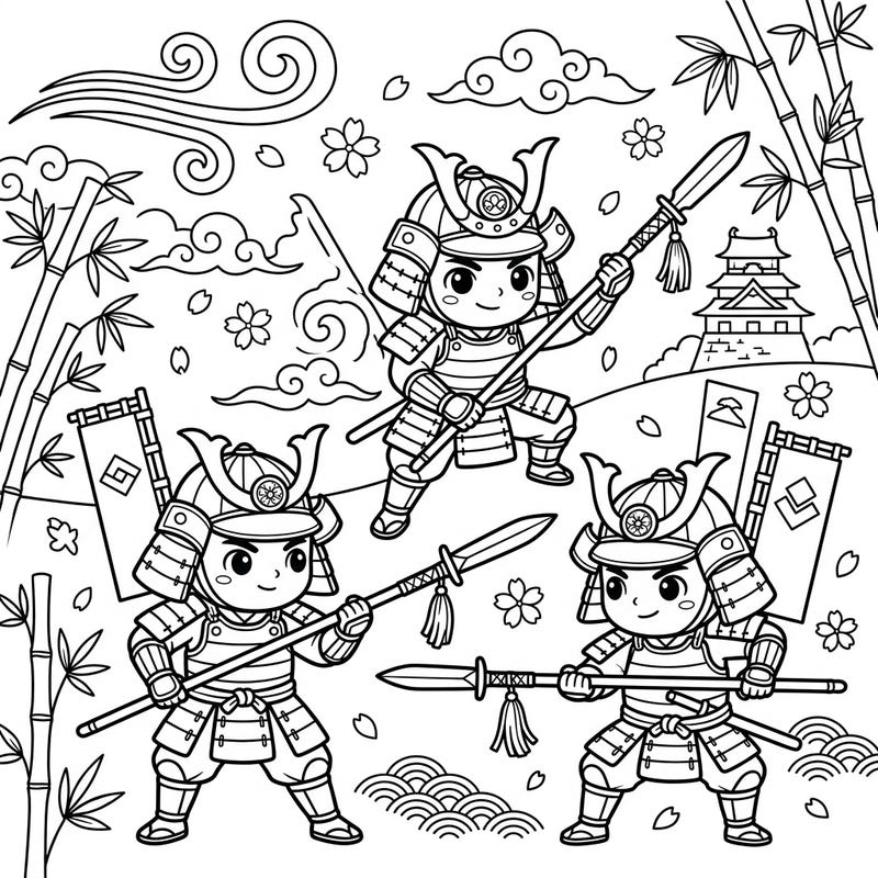 Embark on an epic journey to feudal Japan with this adorable Yari Spearsmen coloring page, specially designed for young artists. Kids aged 4-8 will love bringing these brave chibi samurai, complete with their formidable spears and traditional armor, to life with vibrant colors.