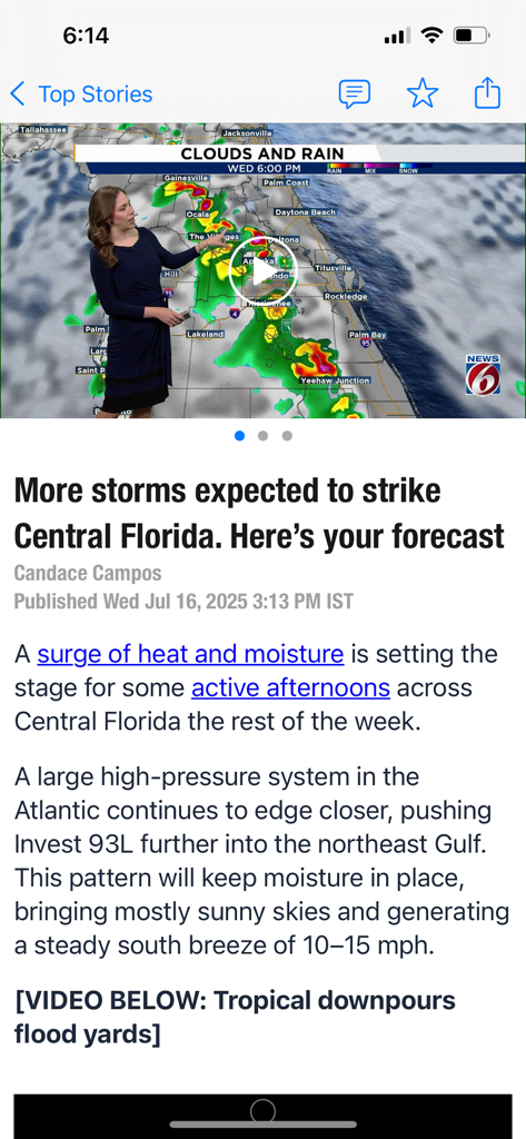 News 6 ClickOrlando - WKMG - Screenshot of the News 6 ClickOrlando app displaying a local weather forecast article for Central Florida