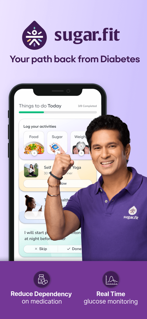 Mobile interface of the sugar.fit app for diabetes reversal and glucose monitoring