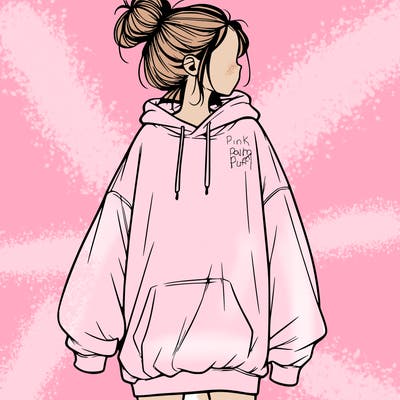 realistic girl with a oversized sweatshirt on and a bun