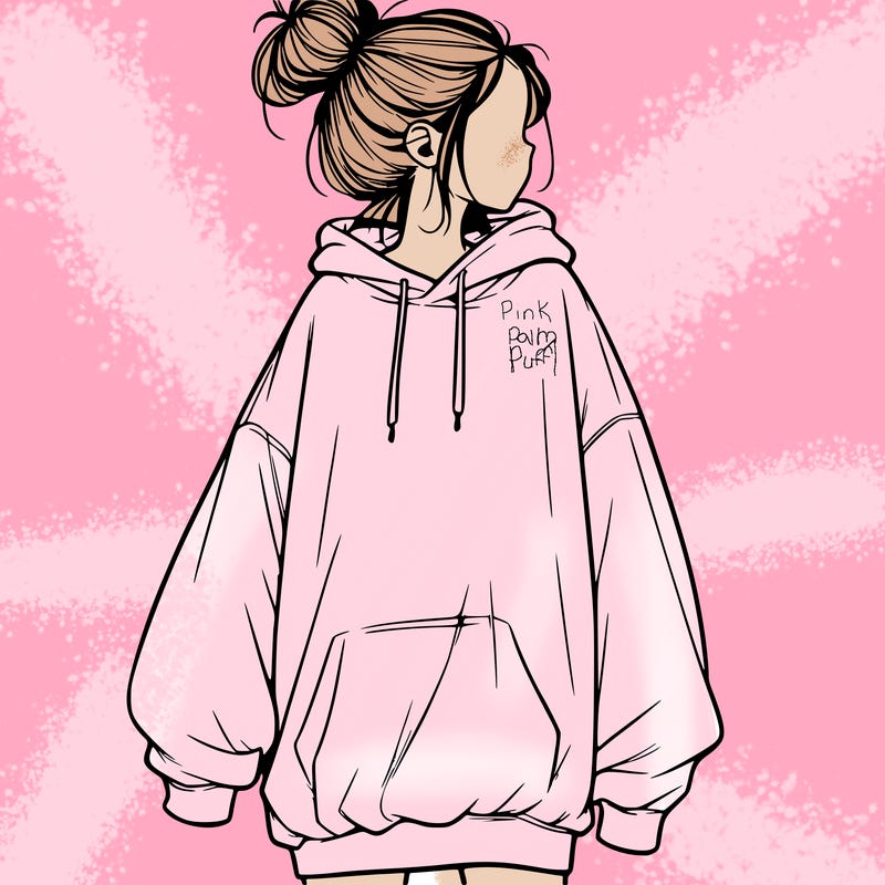 realistic girl with a oversized sweatshirt on and a bun