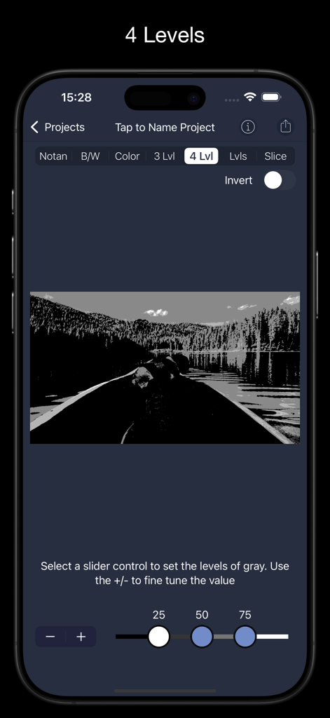 NotanIzer - 명암 구성을 위한 조정 슬라이더와 함께 4단계 그레이스케일 레벨로 변환된 풍경 사진을 표시하는 NotanIzer 앱 인터페이스.