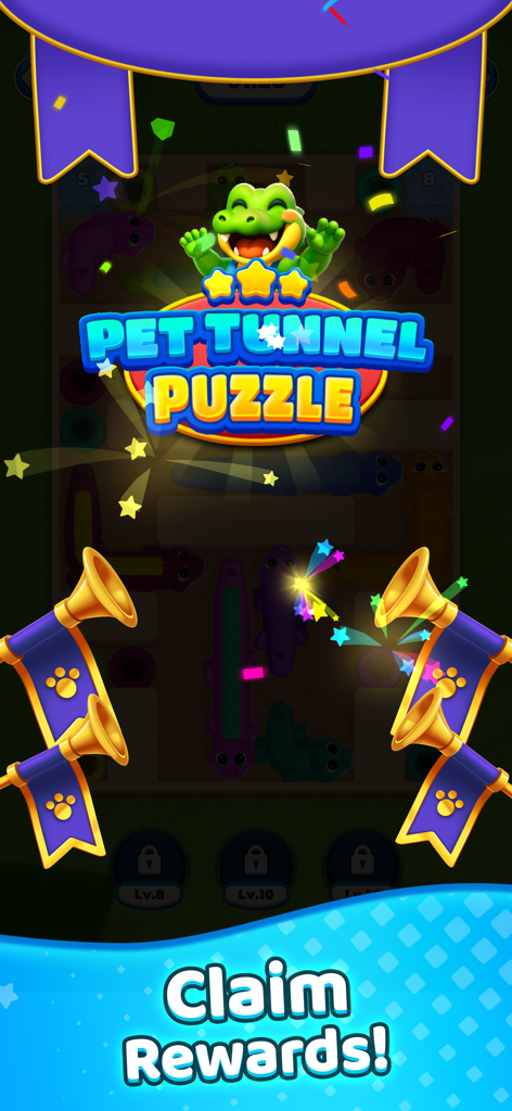 Pet Tunnel Puzzle - Victory reward screen in Pet Tunnel Puzzle showing a cute crocodile character with three stars and a claim rewards button.