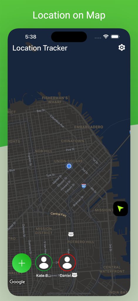 Phone Tracker: Find Location - Mobile app interface showing real-time family locations on a city map