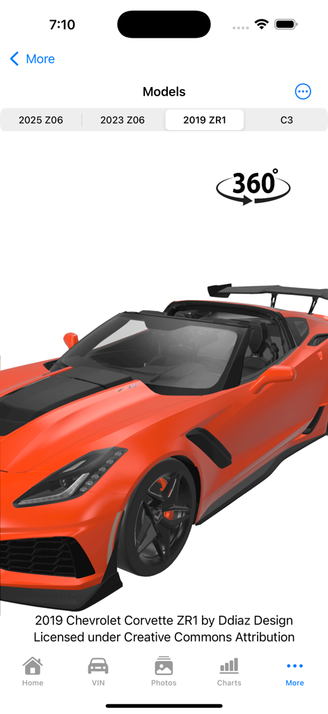Vette Pocket Guideアプリ内のオレンジ色の2019年型コルベットZR1のインタラクティブな360度3Dモデル