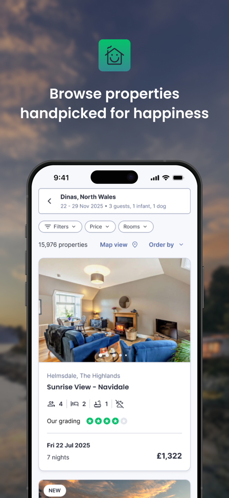 App mobile Holidaycottages.co.uk che mostra un risultato di ricerca di un accogliente cottage nel Regno Unito