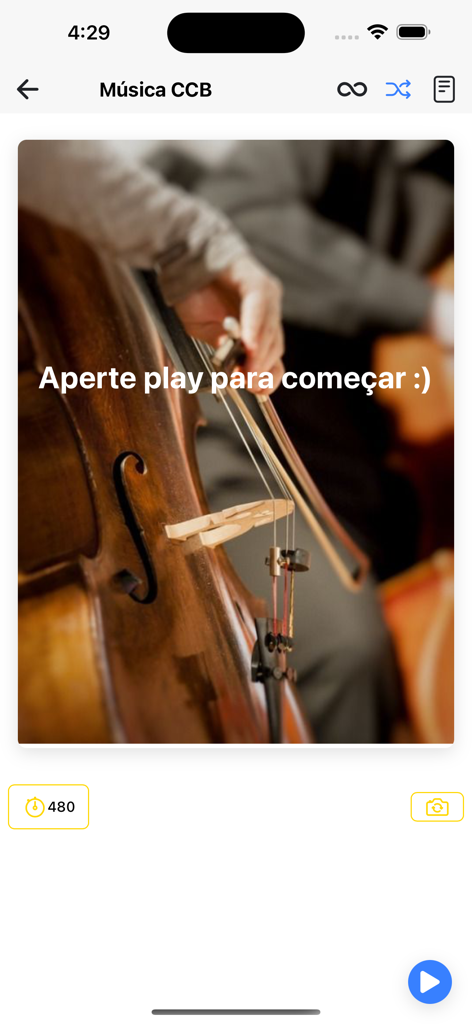 Hinário 5 CCB - Interface of the music player in the Hinario 5 CCB app showing a cello background and a play button