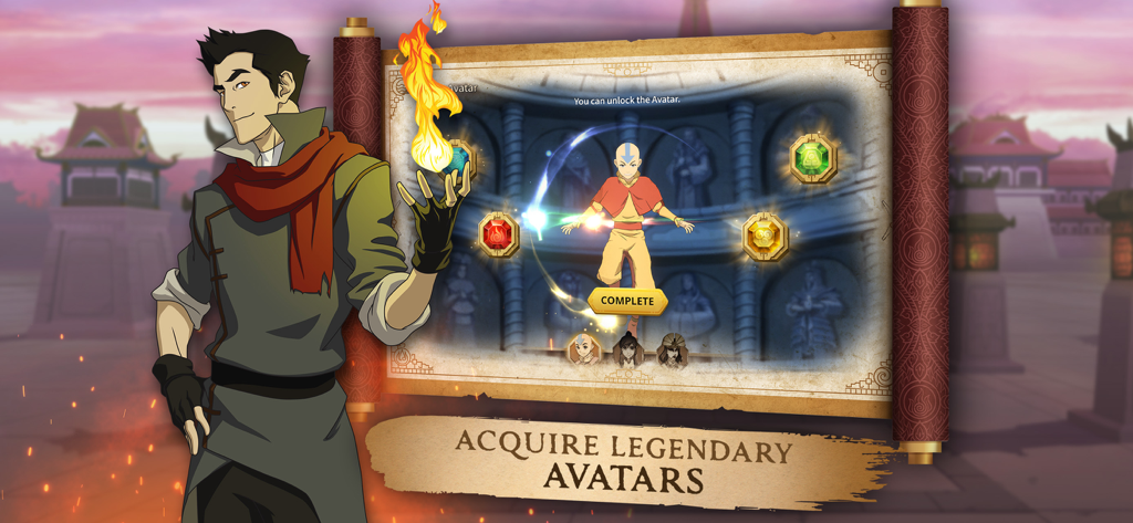 Une capture d'écran d'Avatar Realms Collide montrant Mako tenant du feu à côté d'un menu de parchemin pour acquérir des Avatars légendaires, y compris Aang.