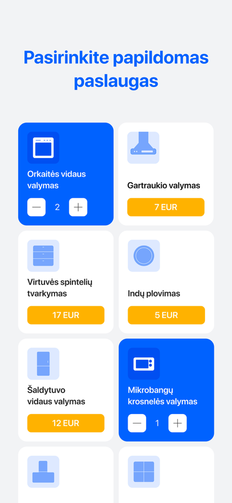 Interfaccia dell'app mobile InClean che mostra una selezione di servizi di pulizia aggiuntivi per la casa come pulizia forno, frigorifero e microonde con prezzi