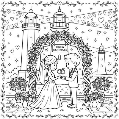 Embark on a romantic journey with this delightful coloring page featuring a charming wedding scene amidst modern lighthouses. Celebrate love, new beginnings, and the guiding light of commitment with every stroke of color.