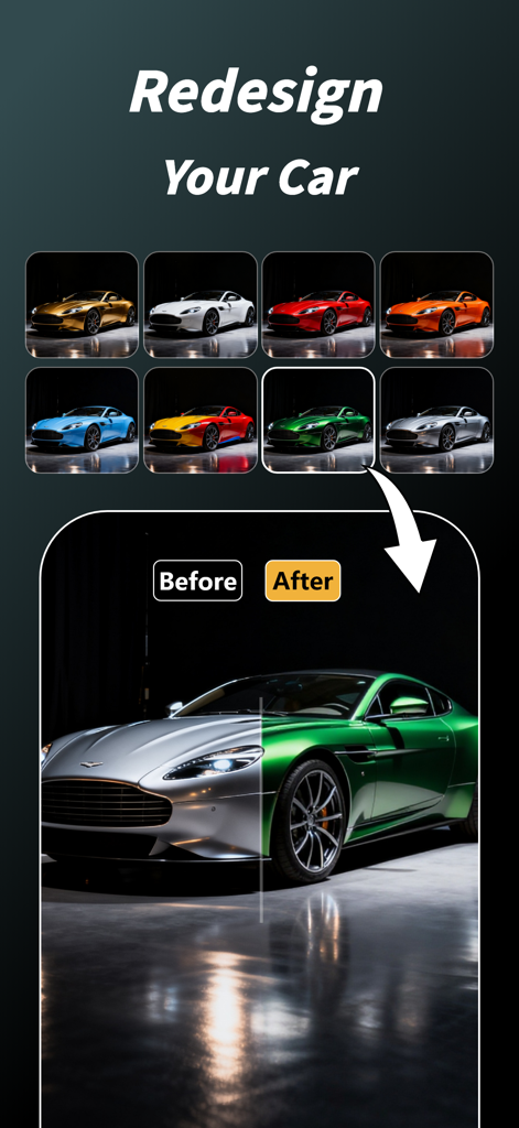 Interface de aplicativo de modificação de carros com IA mostrando uma comparação de redesign de cores antes e depois