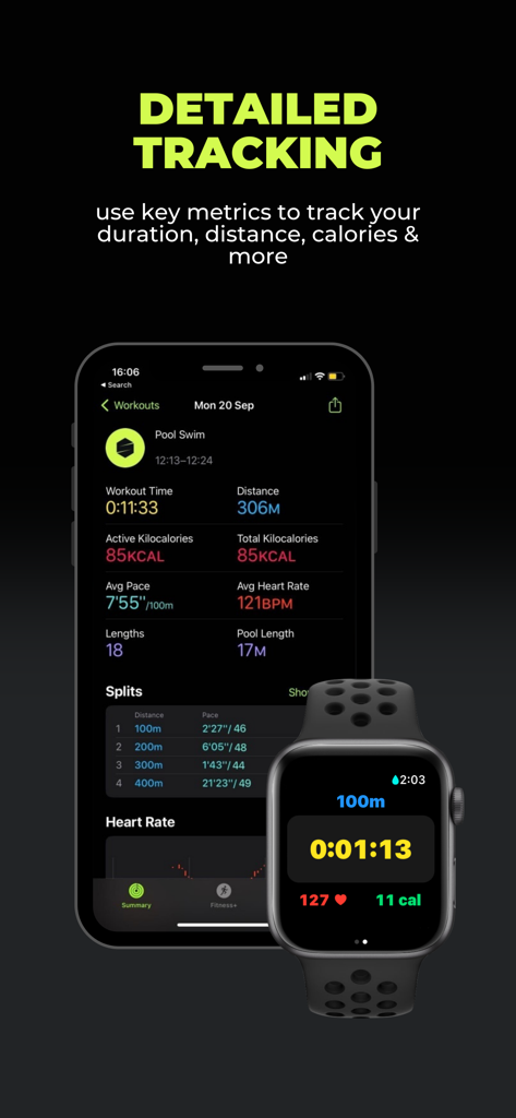 Detailed swimming workout metrics and tracking on DuoSwim app and smartwatch