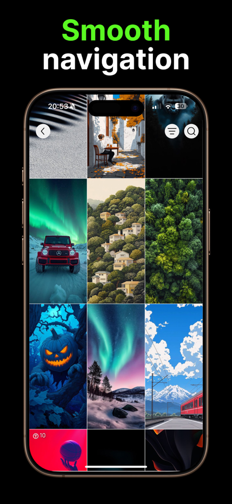Wallpapers HD & 4K - Thematica - Una pantalla móvil que muestra una galería diversa de fondos de pantalla HD y 4K en la interfaz de la aplicación Thematica.