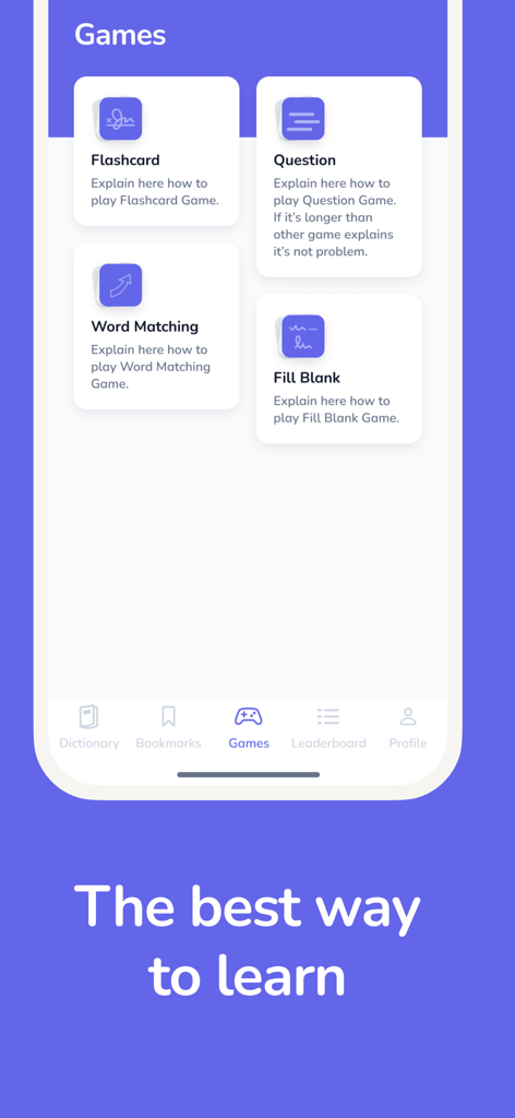 Psychology Dictionary - Interfaz de la aplicación Diccionario de Psicología mostrando juegos educativos como tarjetas de memoria y asociación de palabras para ayudar a estudiar términos psicológicos.