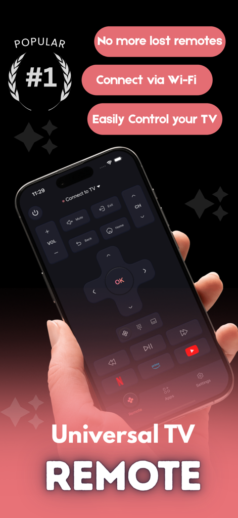 Smart TV Remote: Universal - Mano sosteniendo un iPhone con la interfaz de la app Smart TV Remote mostrando controles de navegación y streaming